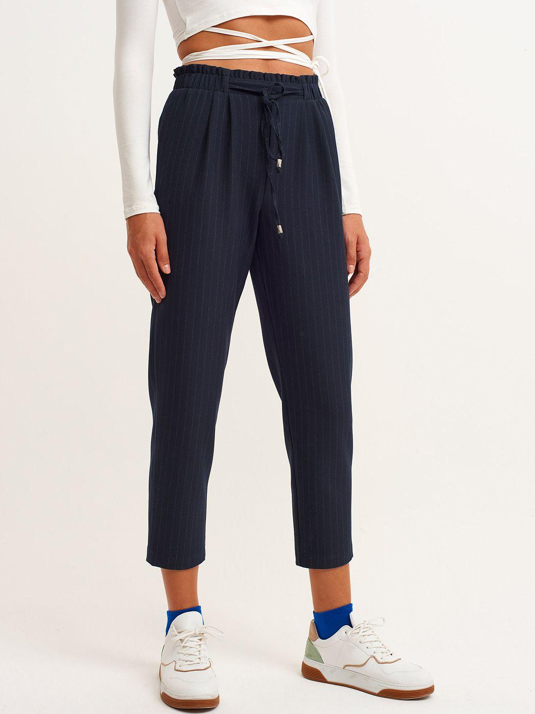 oxxo city collection women navy blue striped straight fit high-rise pleated trousers