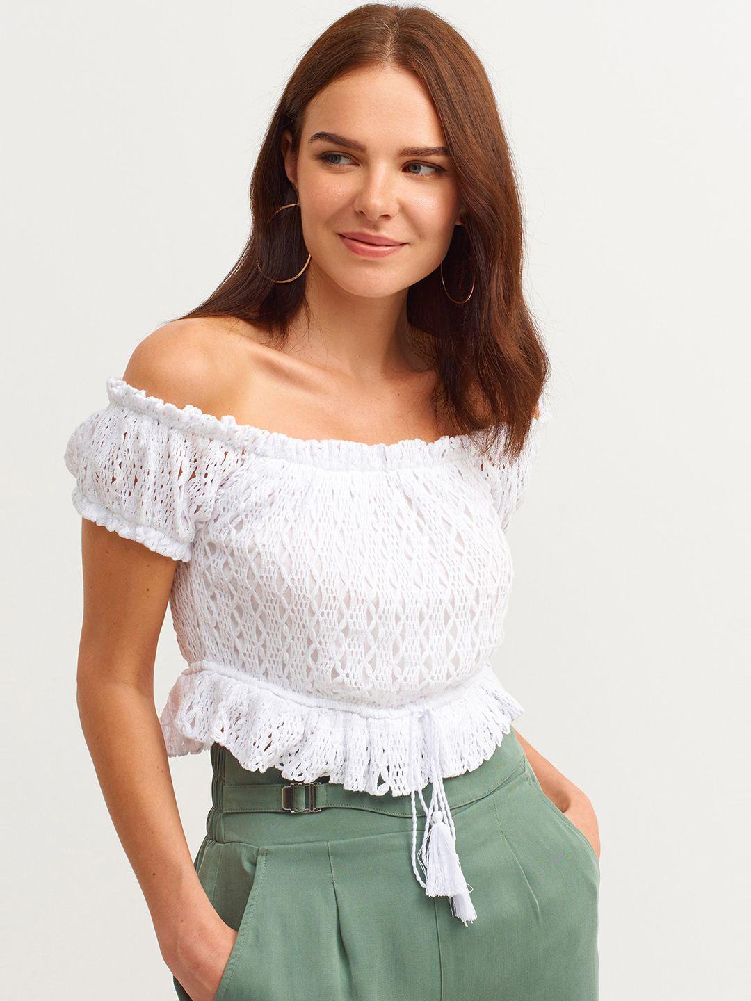 oxxo white off-shoulder crochet cotton crop bohemian top