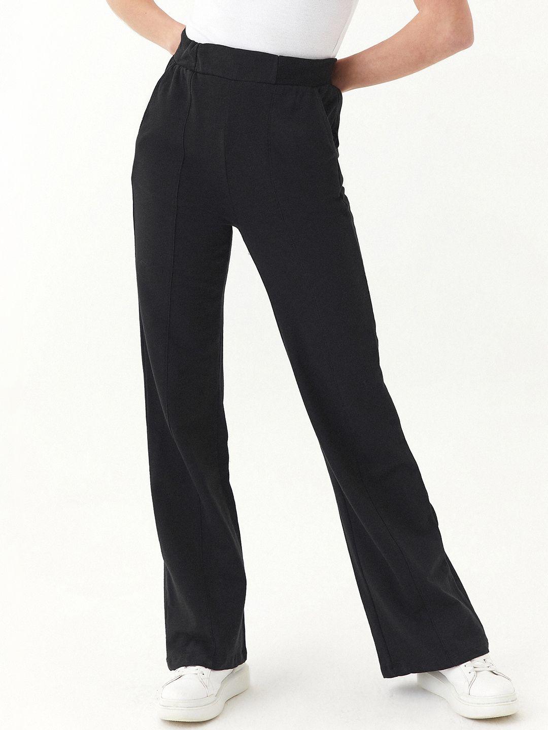 oxxo women black solid flared high-rise trousers