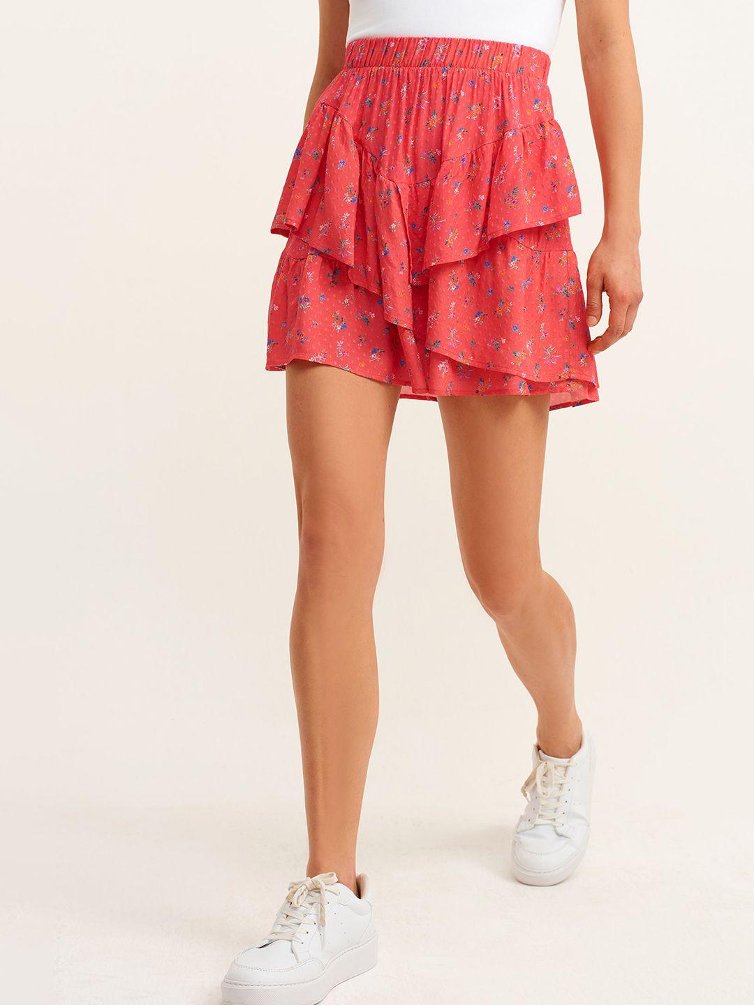 oxxo women coral pink floral print mini a-line skirt