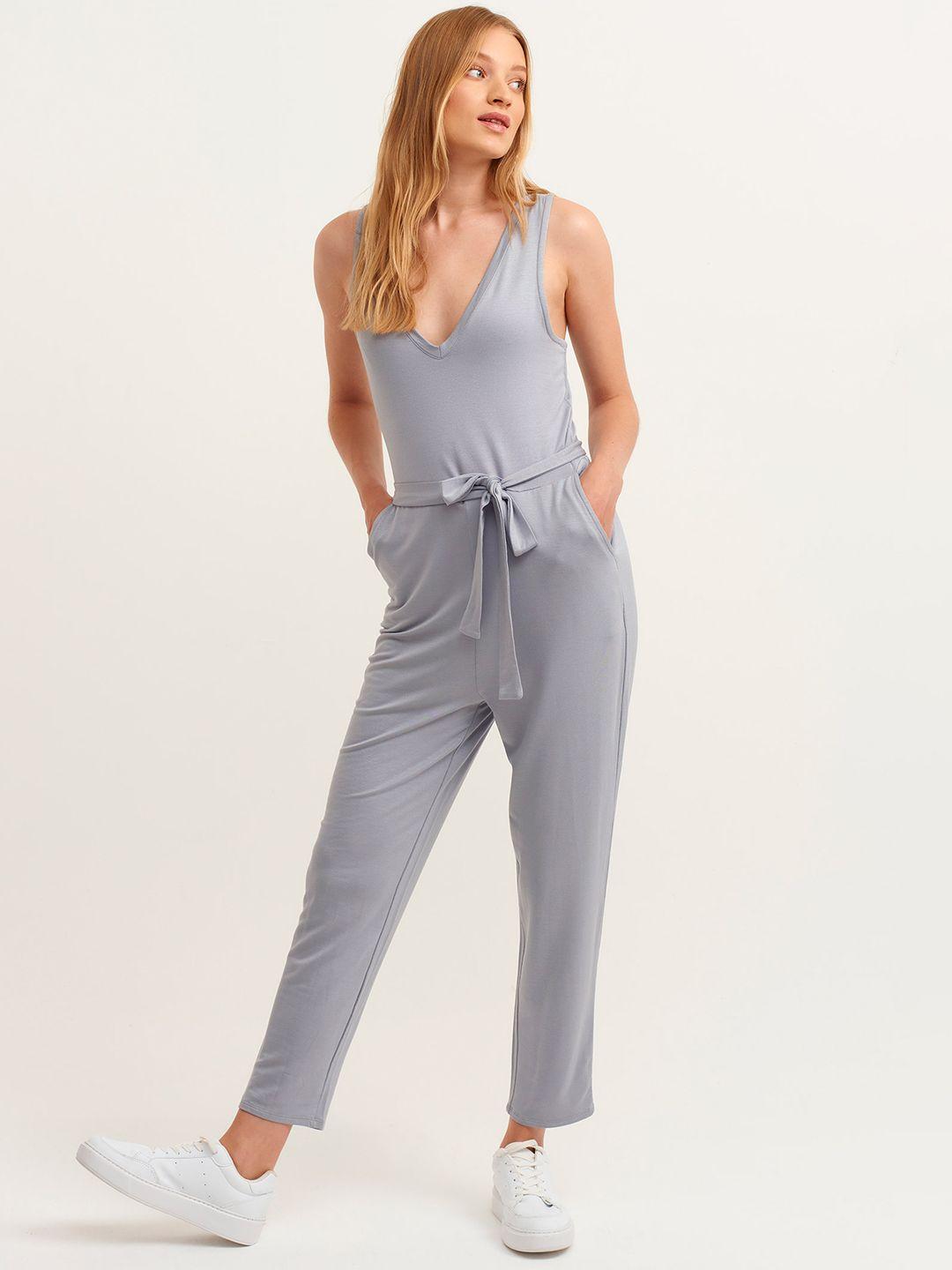 oxxo women grey solid knitted overall basic jumpsuit