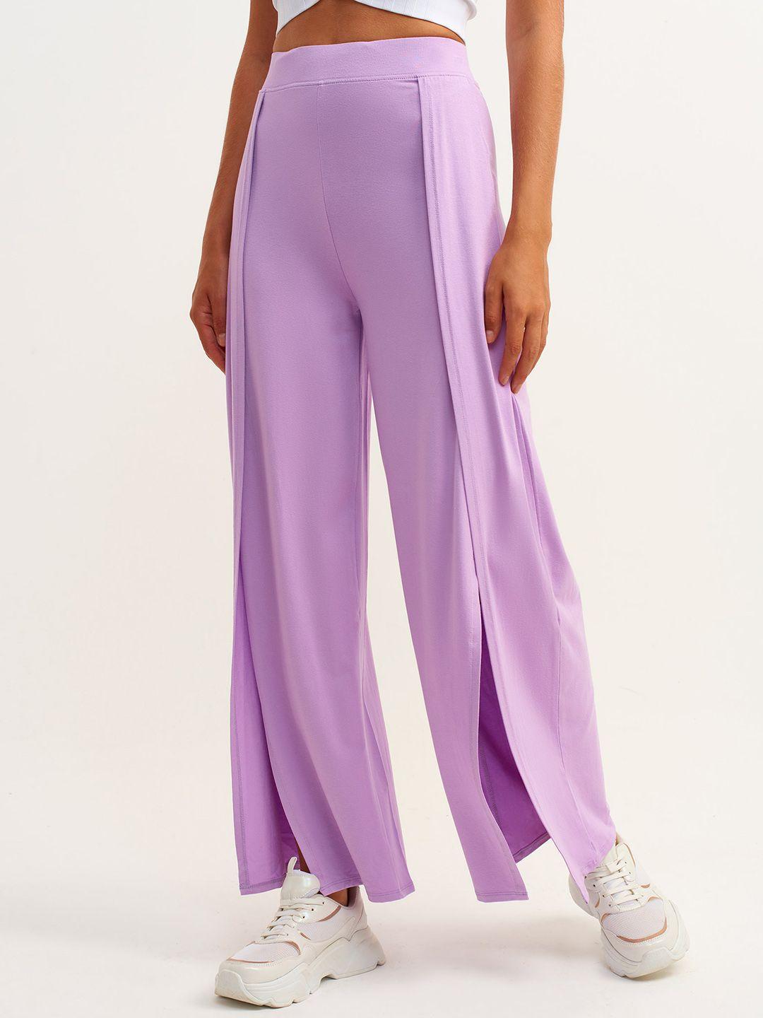 oxxo women lavender solid flared high-rise slit trousers
