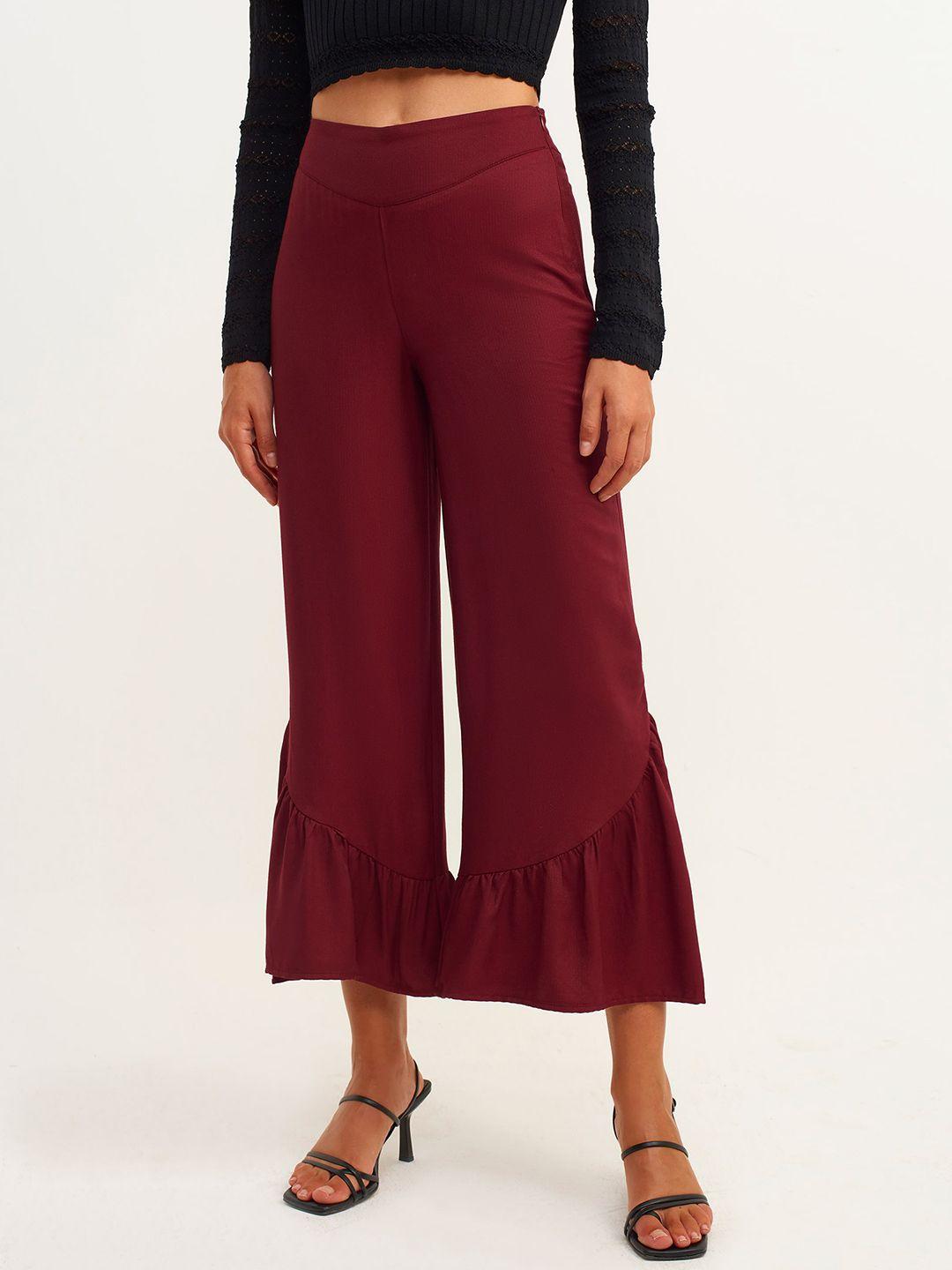 oxxo women maroon flared high-rise trousers