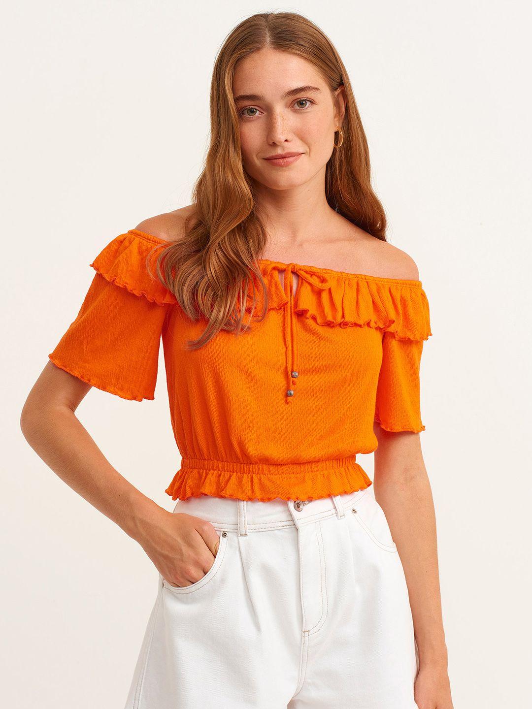 oxxo women orange textured off-shoulder cinched waist top