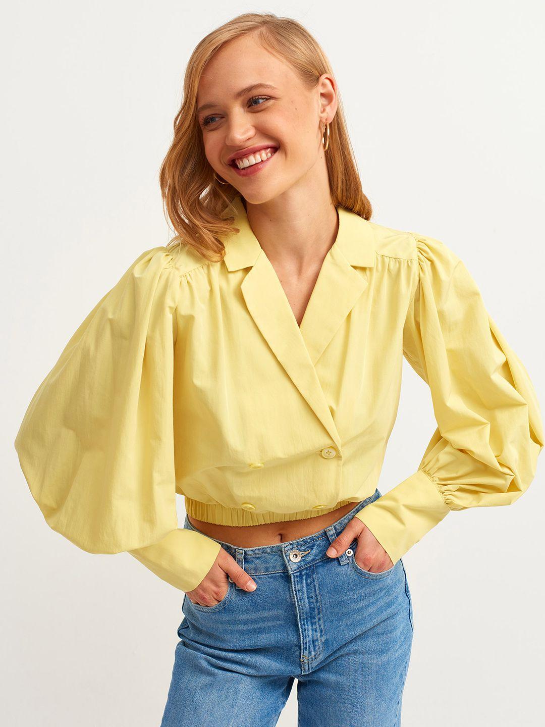 oxxo women yellow solid shirt style crop top