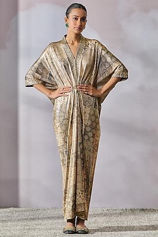 oyster color foil jersey crystal embellished & printed dress