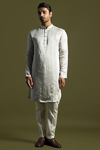 oyster grey linen satin embroidered kurta set