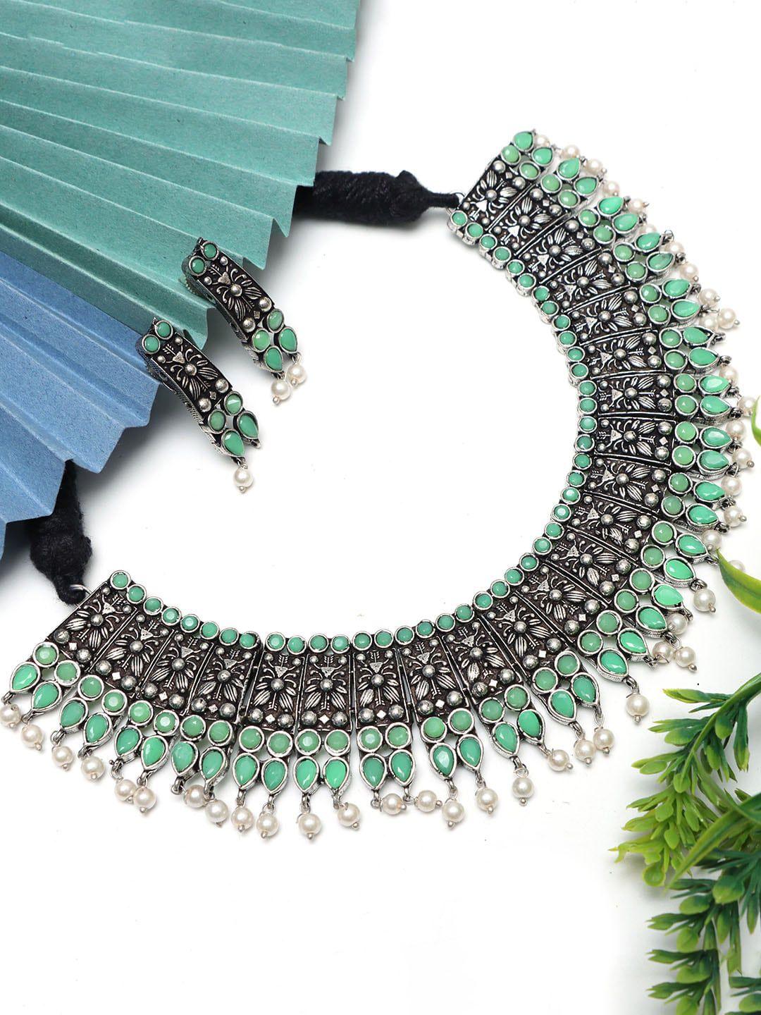 ozanoo  silver-plated artificial stones studded & beaded jewellery set