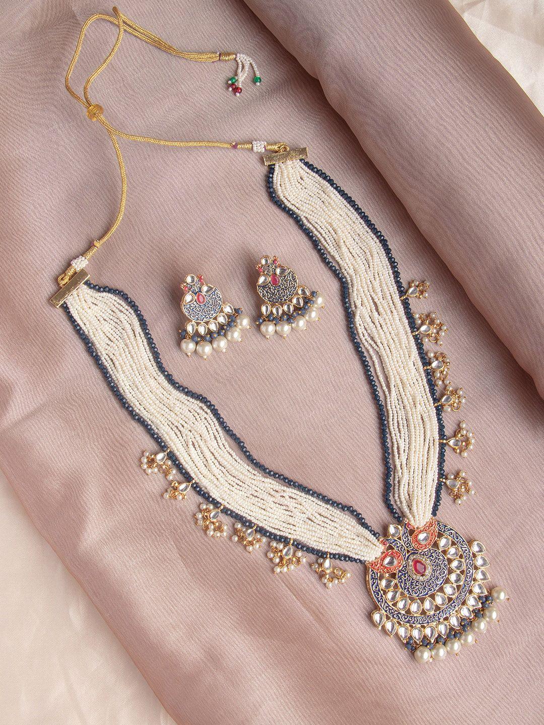 ozanoo gold-plated kundan-studded & pearl beaded meenakari jewellery set