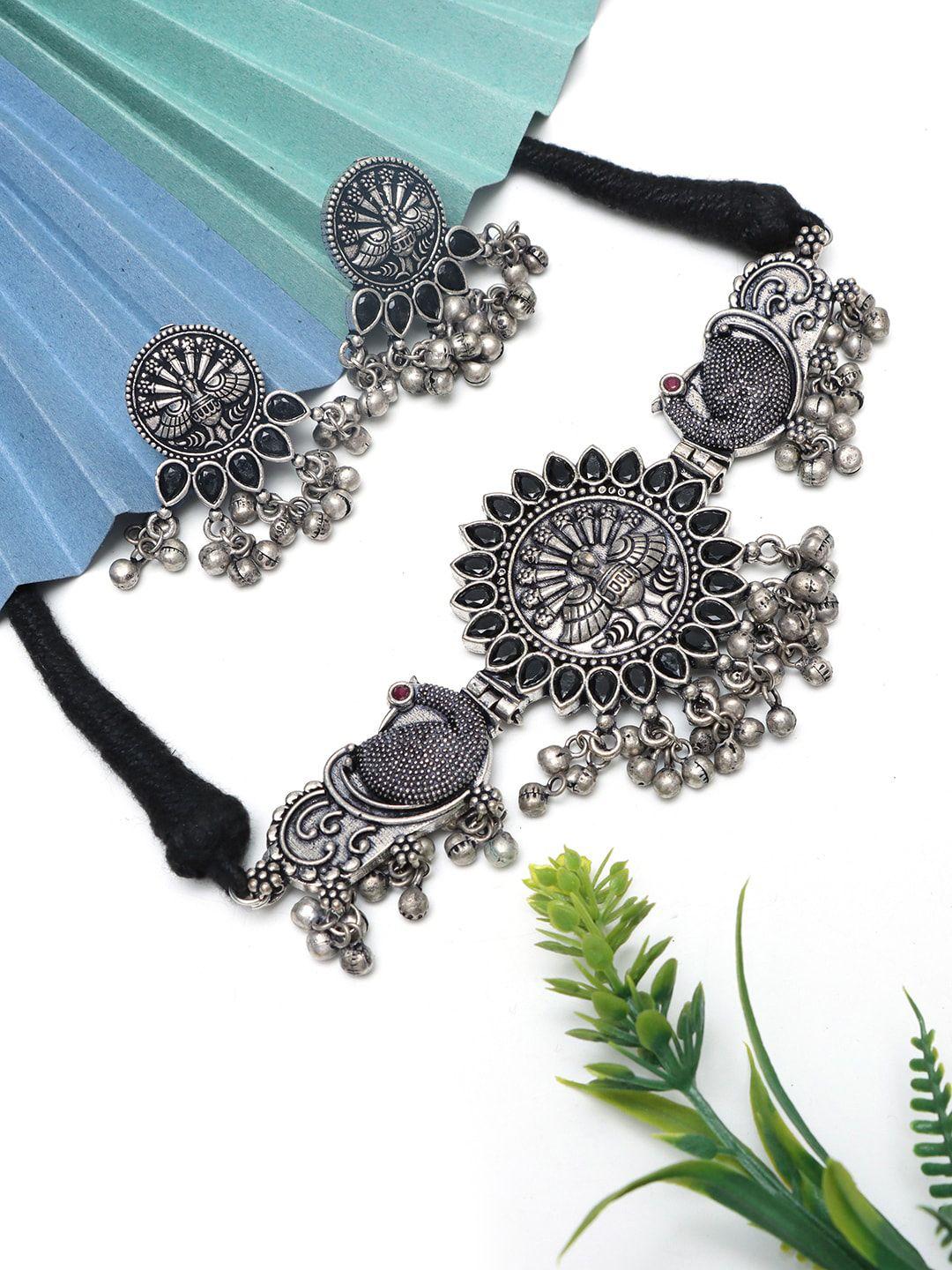 ozanoo silver-plated oxidised peacock ghungaroo choker jewellery set