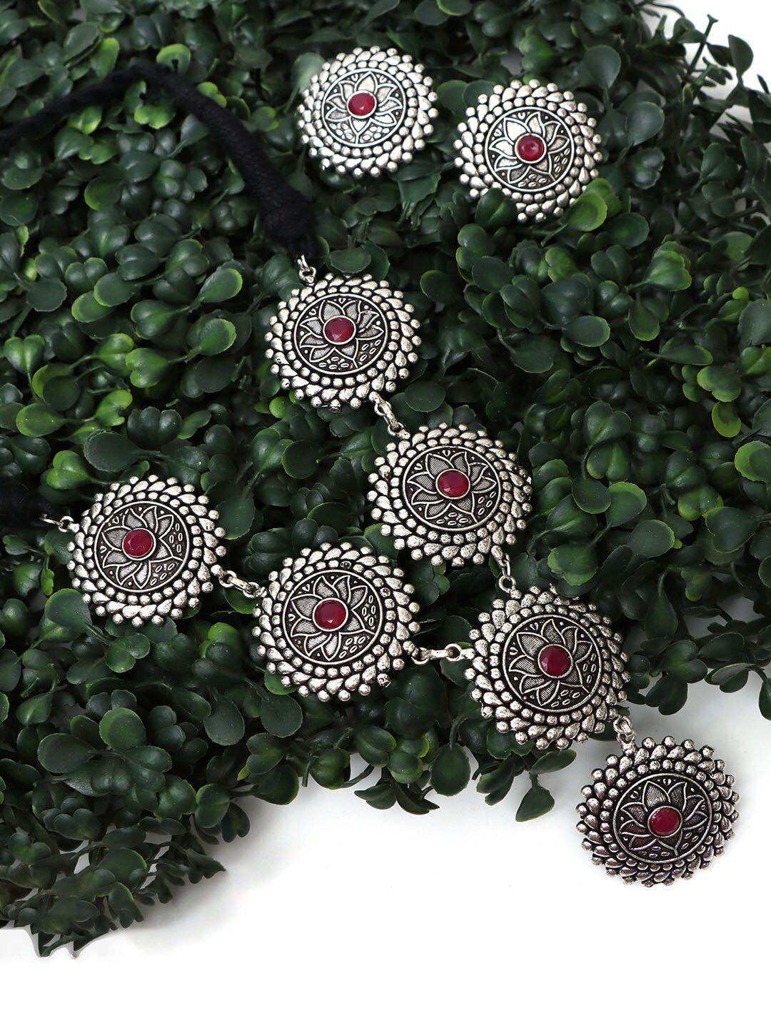 ozanoo silver-plated oxidised stone-studded necklace and earrings