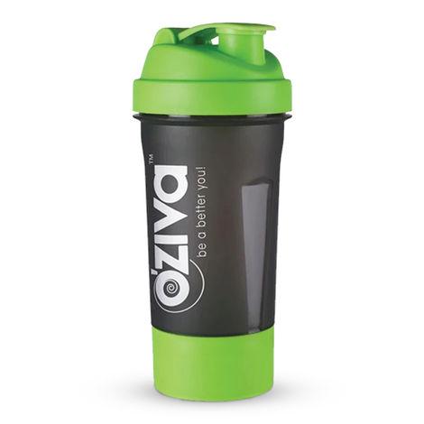 oziva shaker (600 ml), green top with detachable storage compartment & mesh strainer