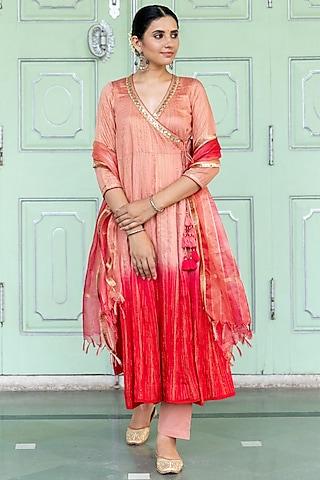 paach & red embroidered anarkali set