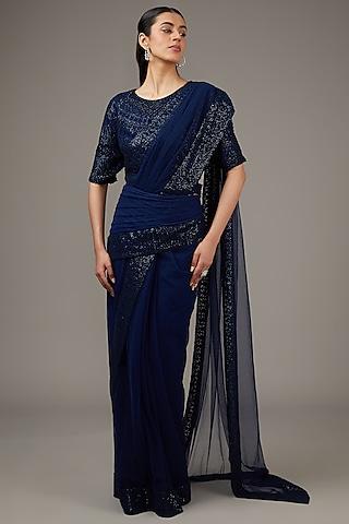 pacific blue georgette crystal & sequins embroidered saree set