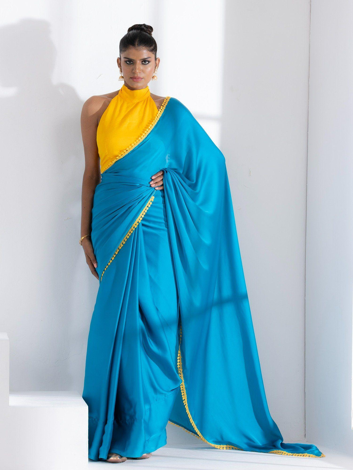 pacific blue satin saree & unstitched blouse with yellow lace