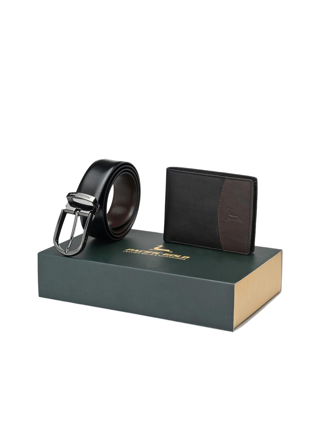 pacific gold men black & brown genuine leather accessory gift set
