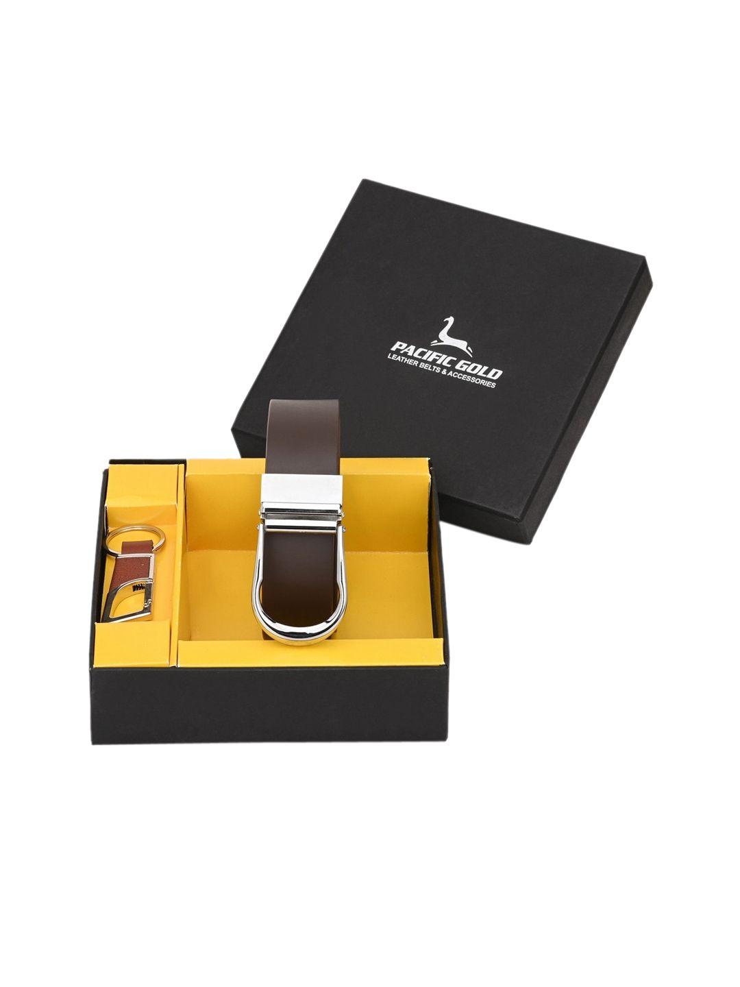pacific gold men brown & silver-toned genuine leather accessory gift set