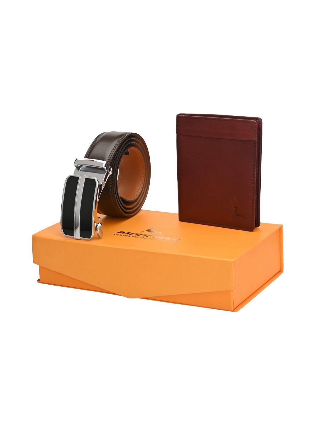 pacific gold men brown genuine leather autolock belt & wallet accessory gift set