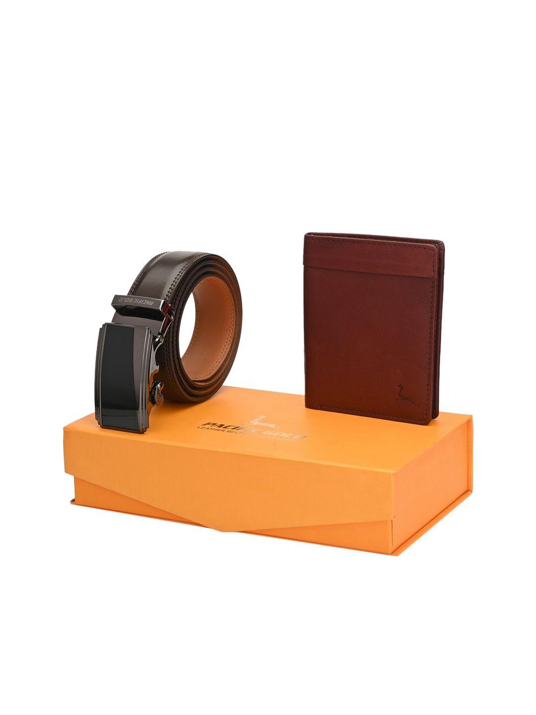 pacific gold men brown genuine leather autolock belt & wallet gift set