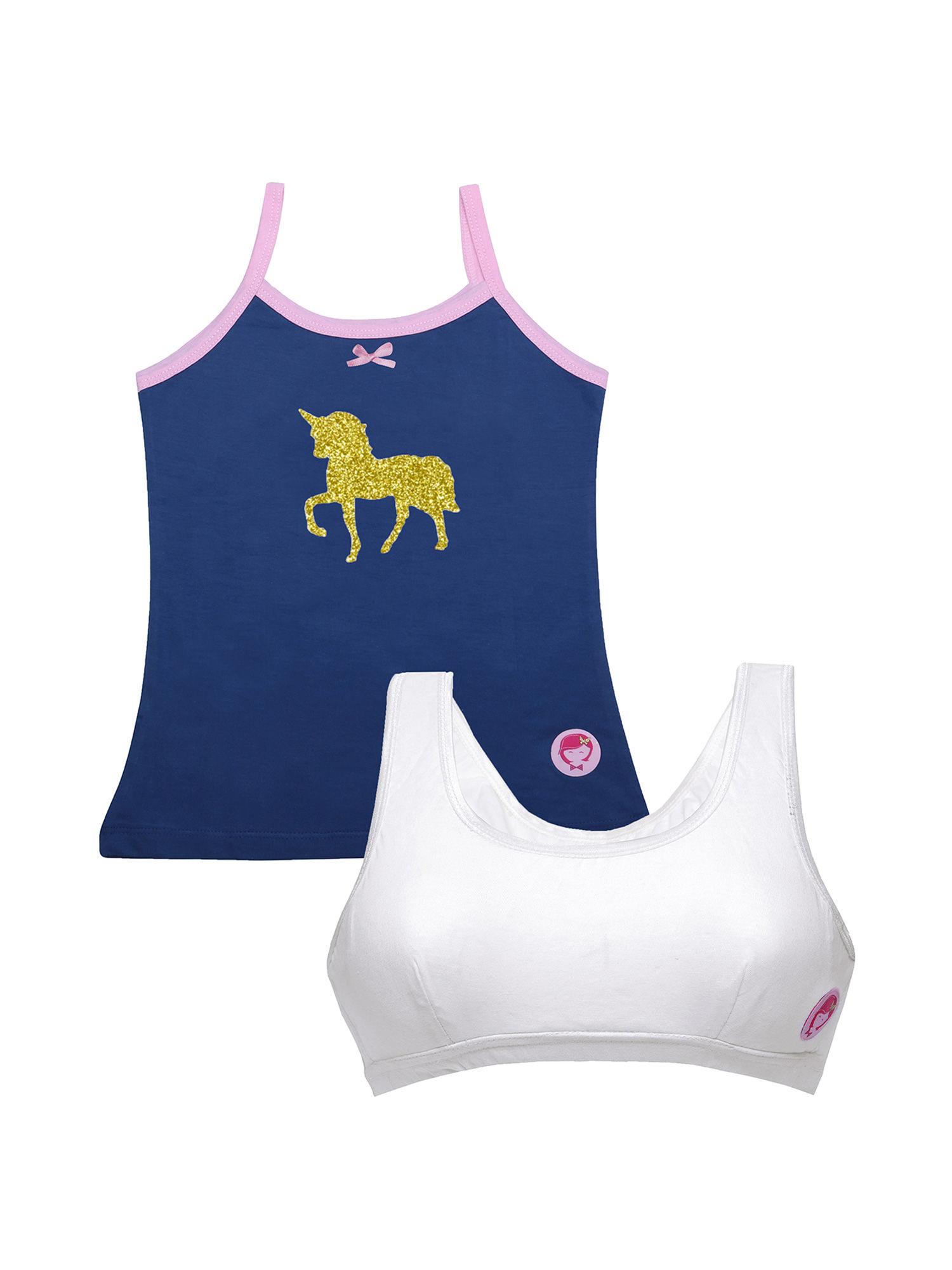 pack 2 blue unicorn camisole with white beginners sports bra for girls