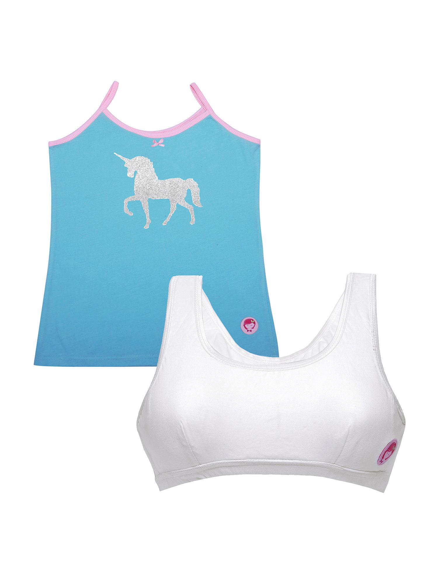 pack of 2 blue unicorn camisole & white beginner sports bra for girls