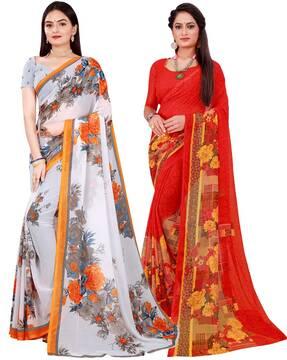 pack of 2 floral print sarees with blouse pieces