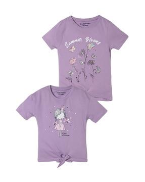 pack of 2 girls printed round-neck regular fit t-shirt