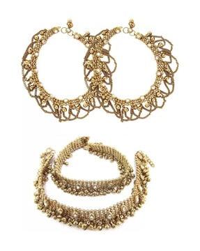 pack of 2 gold-plated kundan-studded anklets