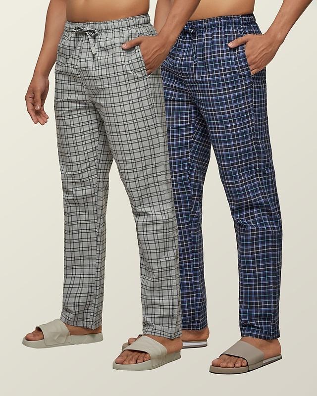pack of 2 men's blue super combed cotton checkered pyjama