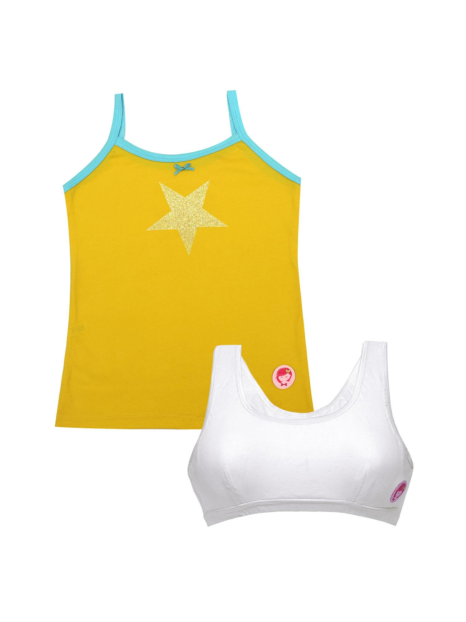 pack of 2 yellow camisole & white beginners sports bra set for girls