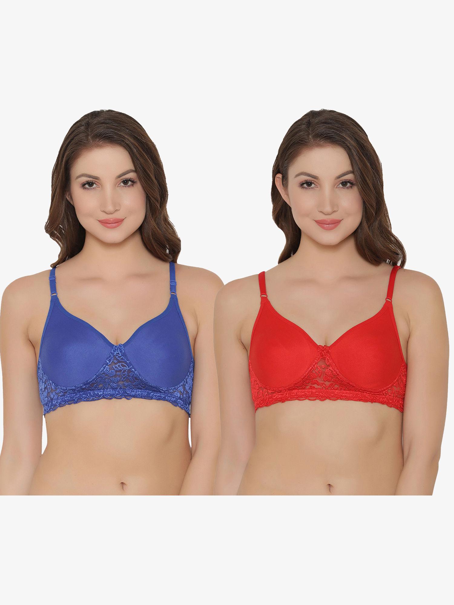 pack of 2 cotton flair non-wired full coverage spacer cup t-shirt bra - red & blue