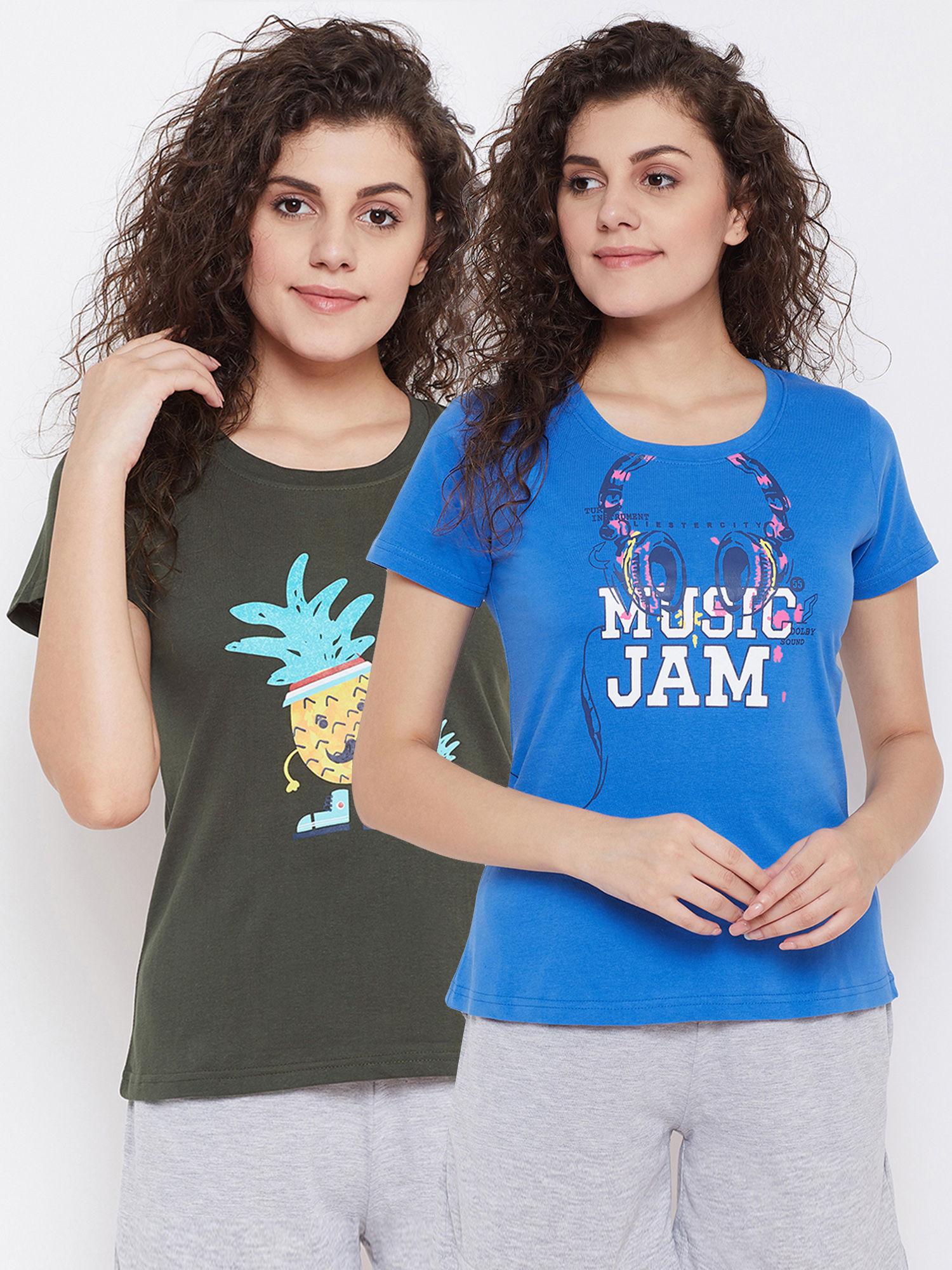 pack of 2 cotton graphic print & text print t-shirt- blue & green