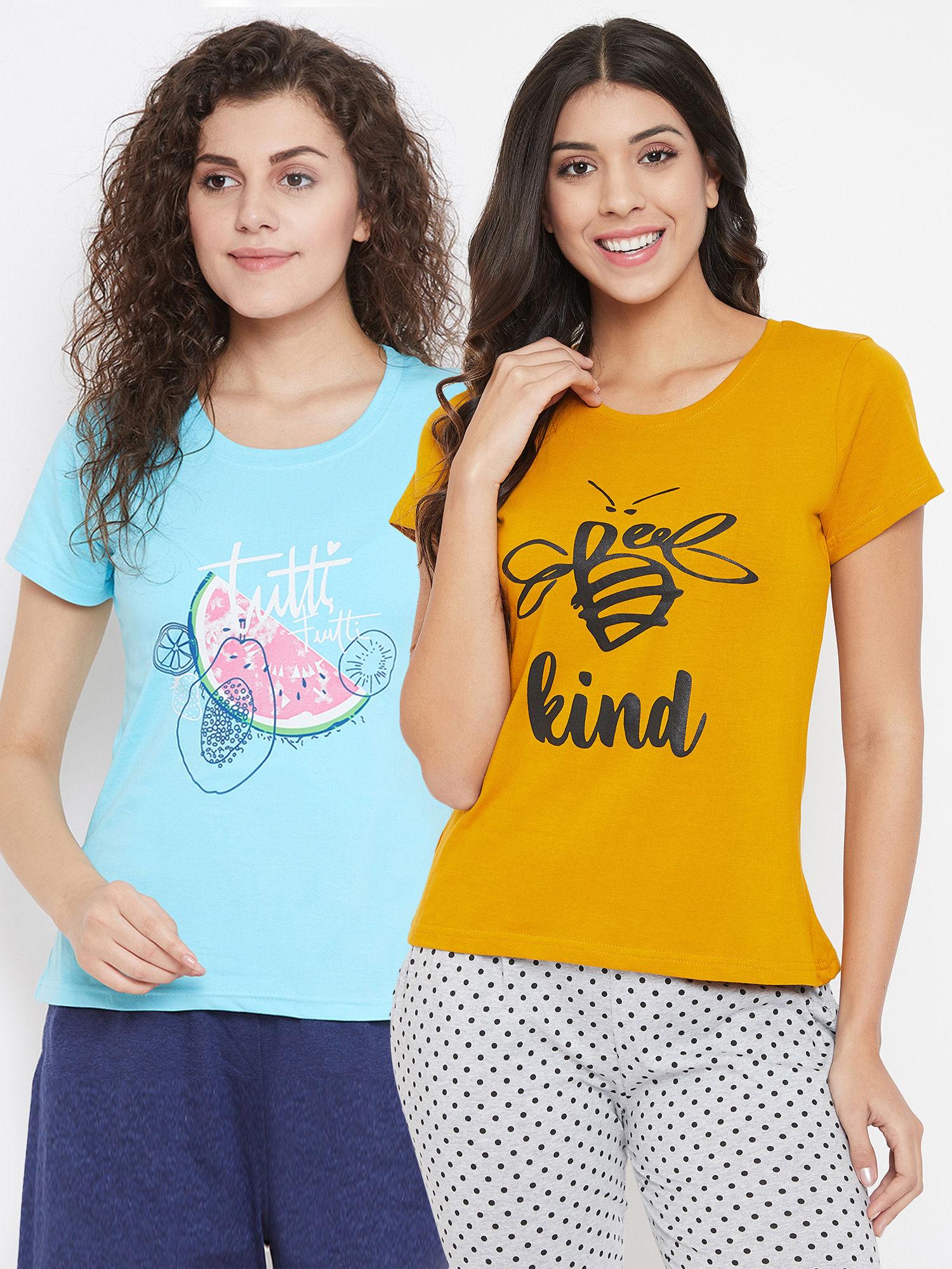 pack of 2 cotton graphic print & text print t-shirt- blue & yellow