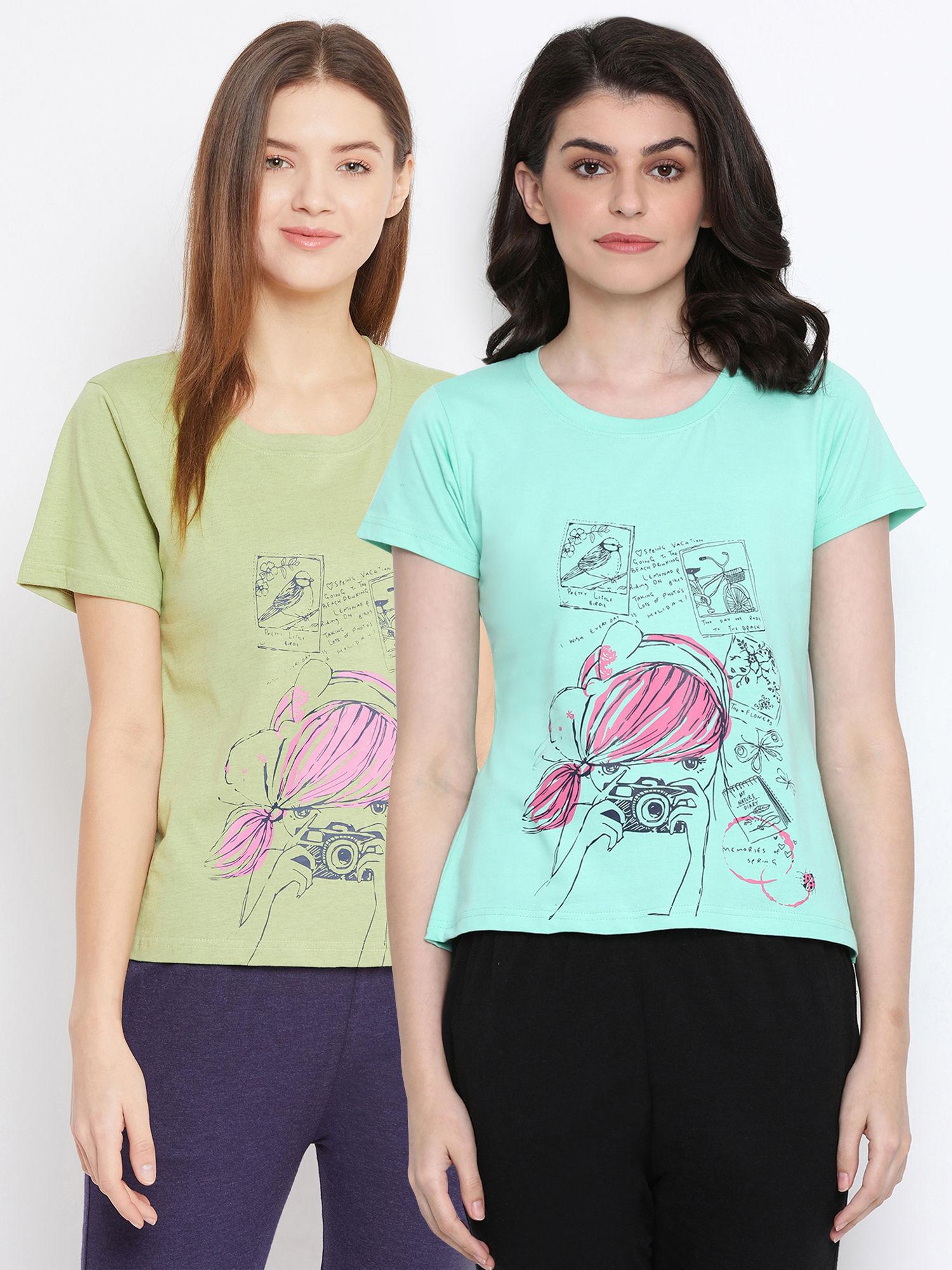 pack of 2 cotton graphic print & text print t-shirt- green