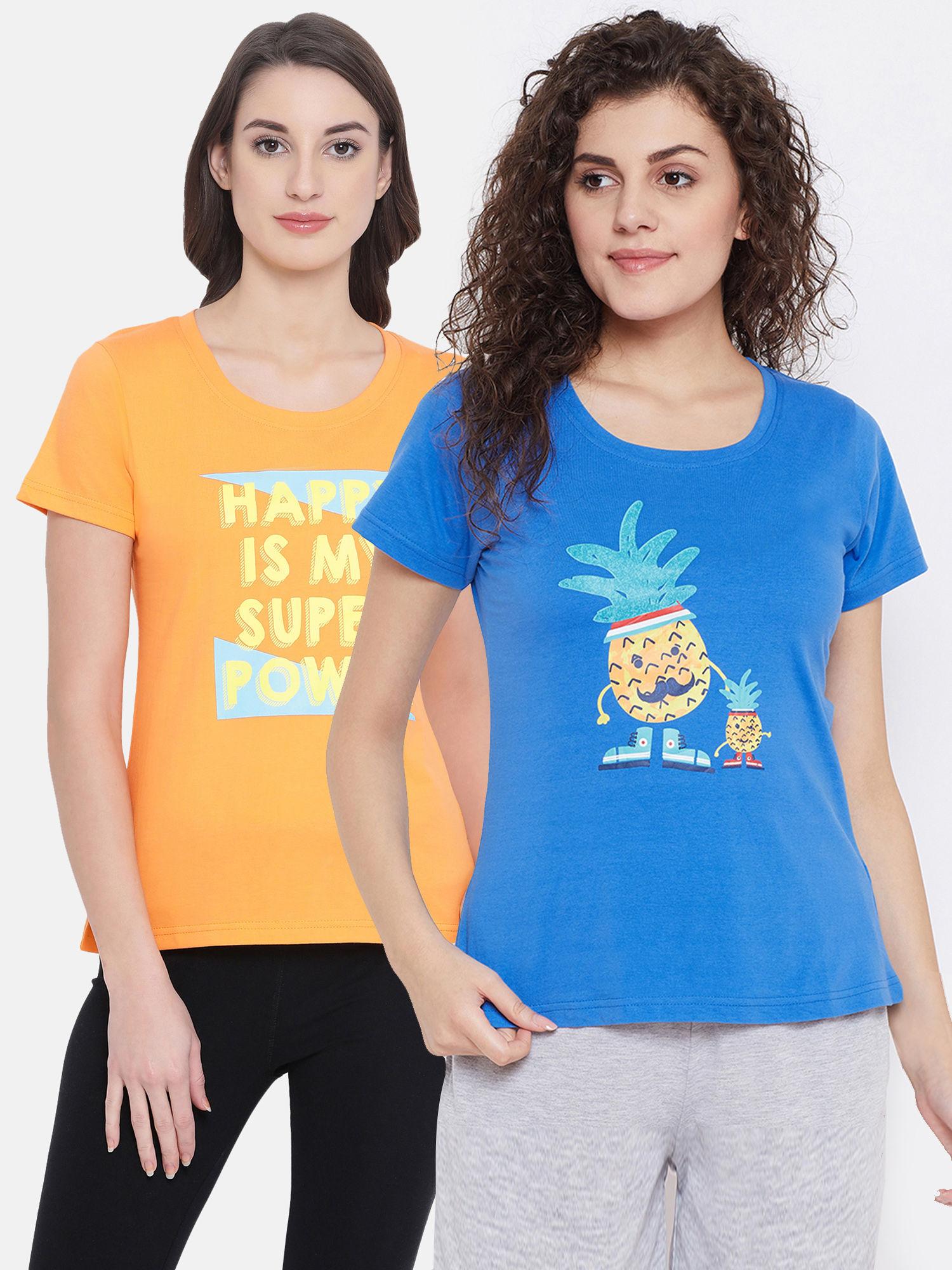 pack of 2 cotton graphic print & text print t-shirt- orange & blue