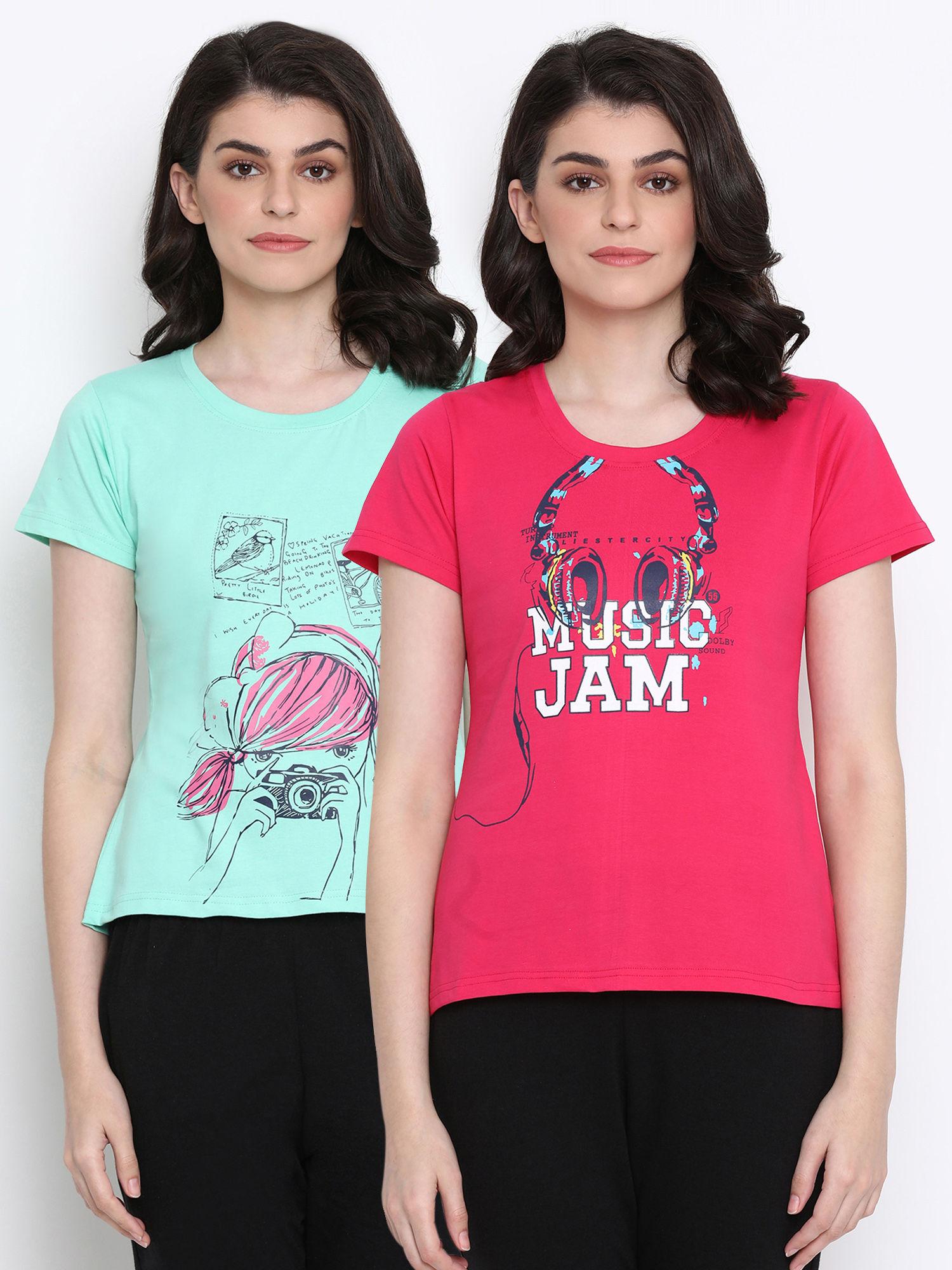 pack of 2 cotton graphic print & text print t-shirt- pink & green