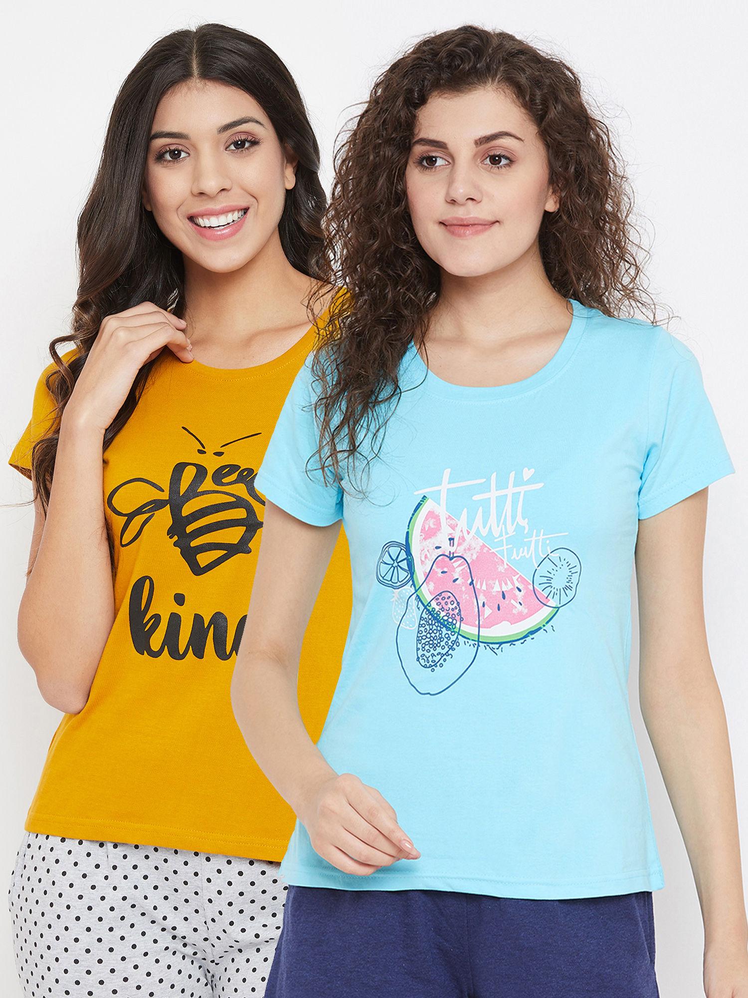 pack of 2 cotton graphic print & text print t-shirt- yellow & blue