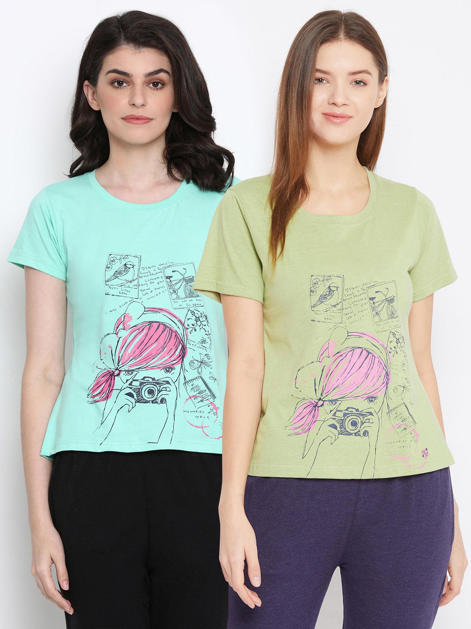 pack of 2 cotton graphic print t-shirt- green