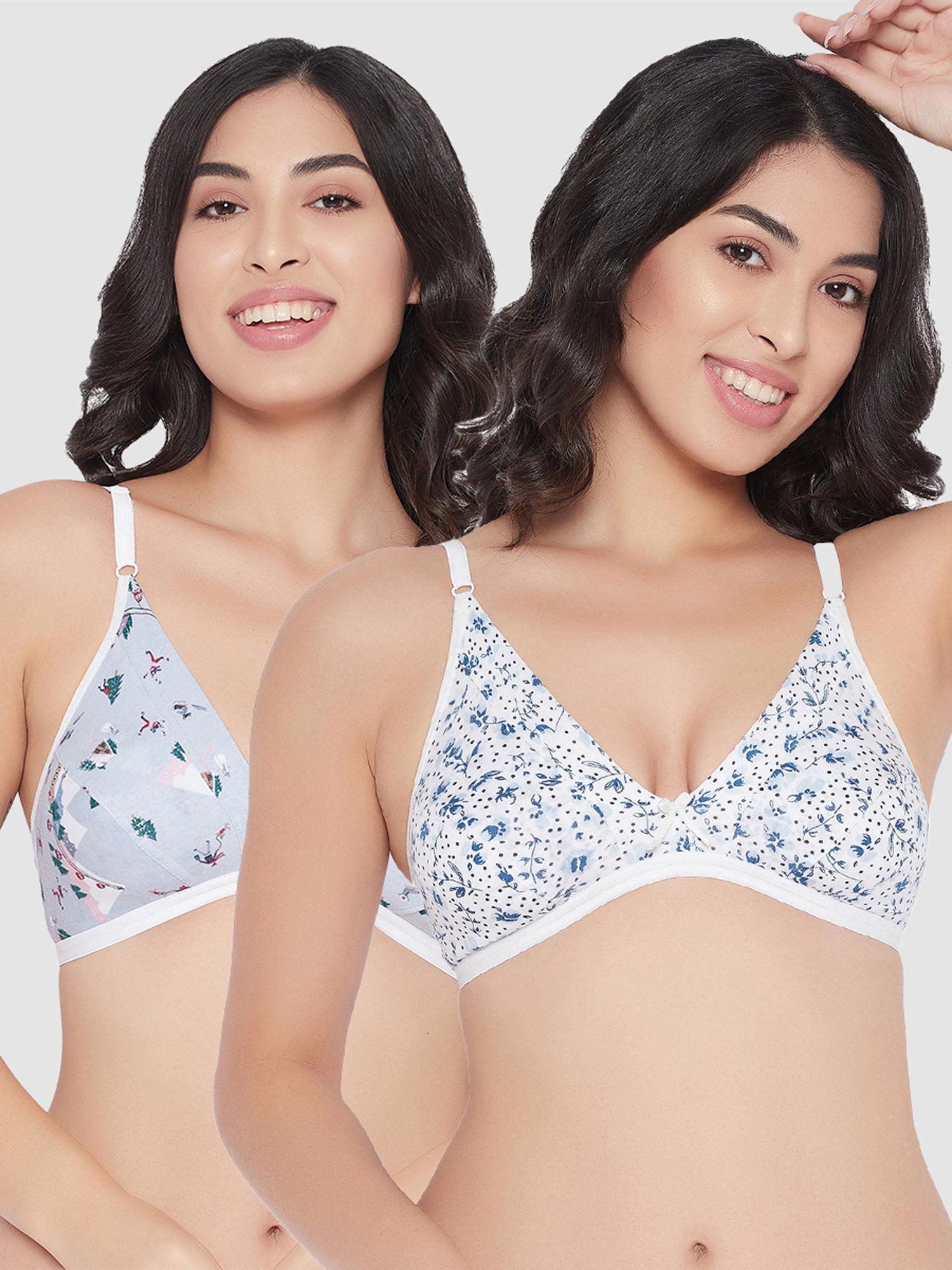 pack of 2 cotton non-padded non-wired demi cup christmas print plunge bra - blue