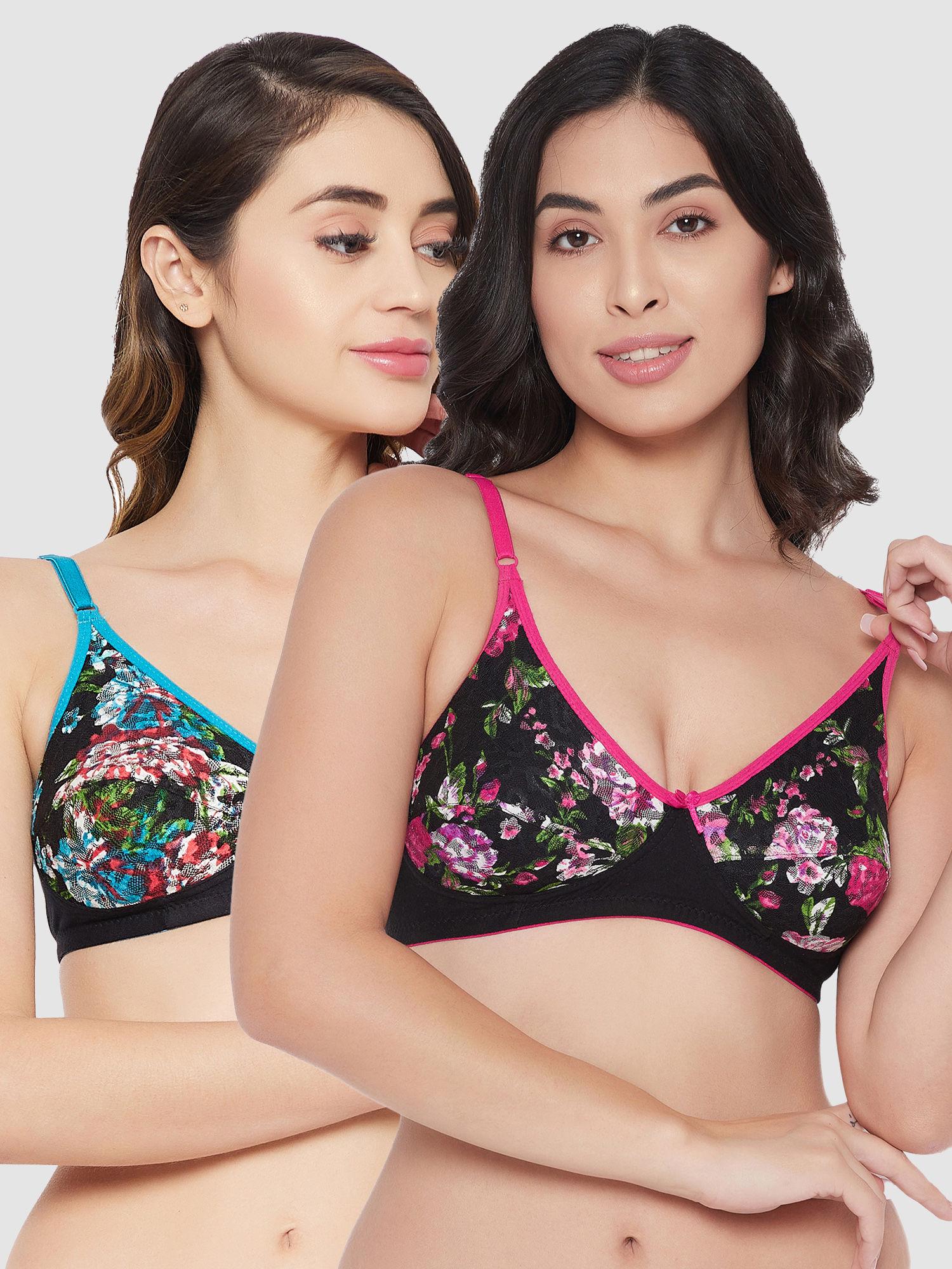 pack of 2 cotton non-padded non-wired full cup floral print t-shirt bra - multi-color