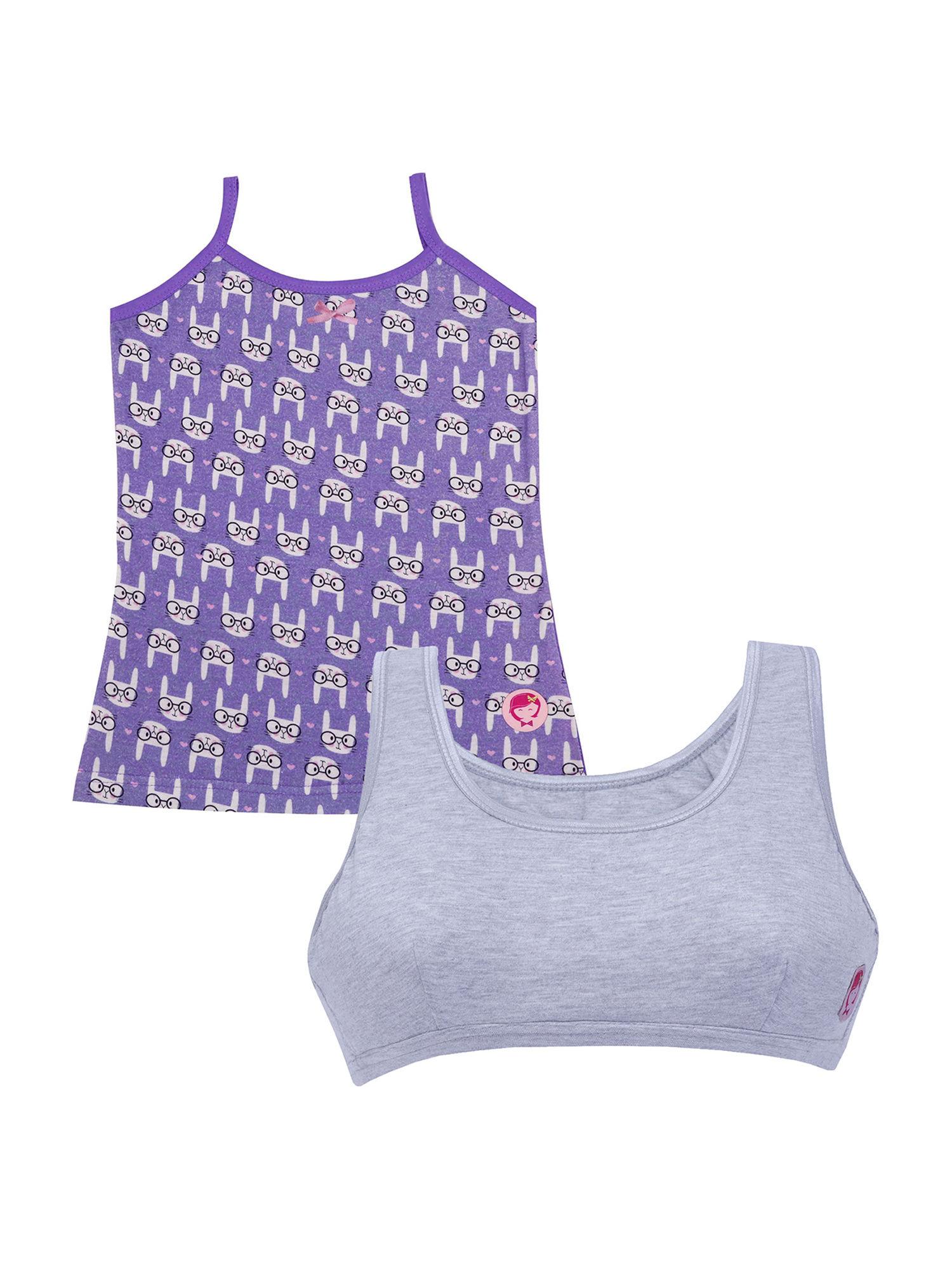 pack of 2 grey beginner bra and bunny print camisole-slip for girls