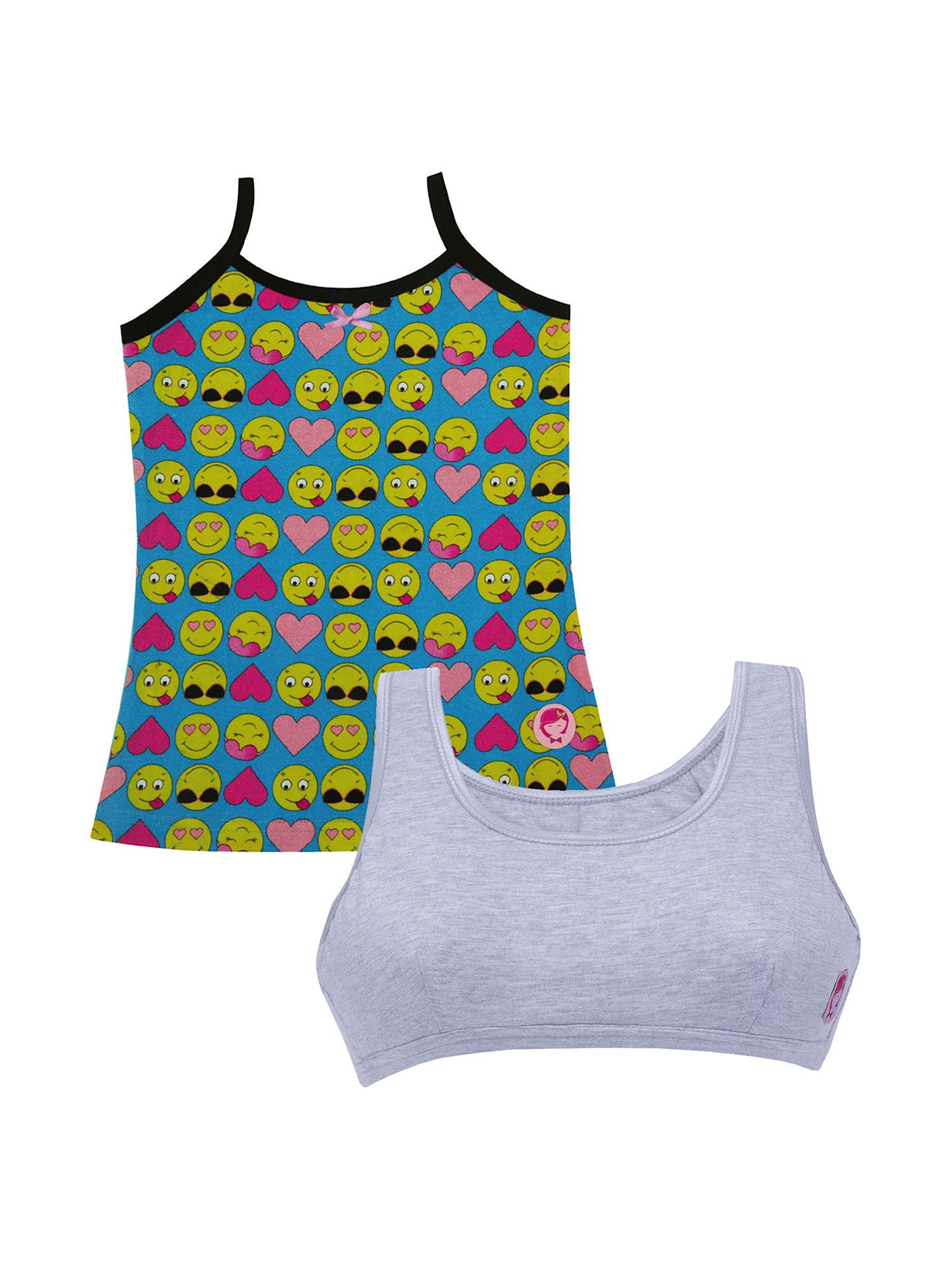 pack of 2 grey beginner bra and smiley print camisole-slip for girls