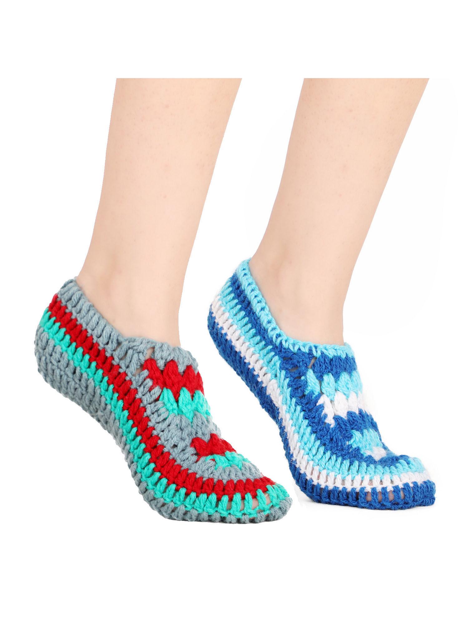 pack of 2 handmade crocheted designer woolen thermal footie home socks