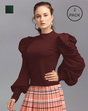 pack of 2 high-neck top with puffed sleeves