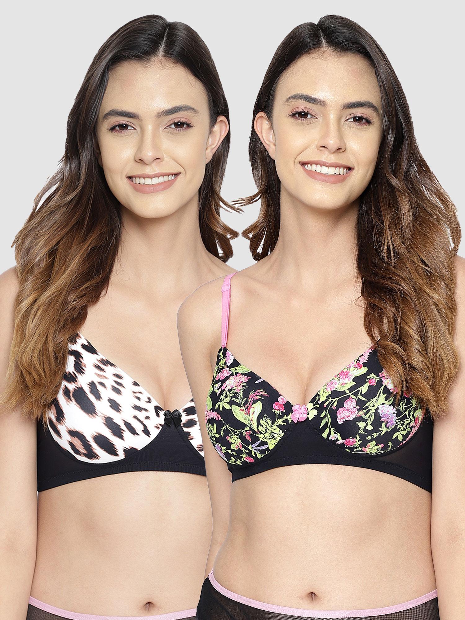 pack of 2 level 1 push-up padded non-wired demi cup print multiway t-shirt bra - black