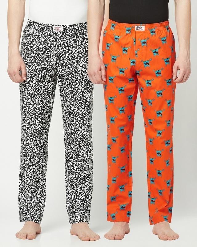 pack of 2 men's black & orange all over printed pyjamas