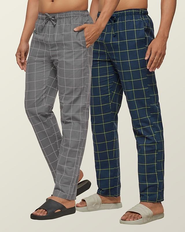 pack of 2 men's blue & grey super combed checkered pyjamas