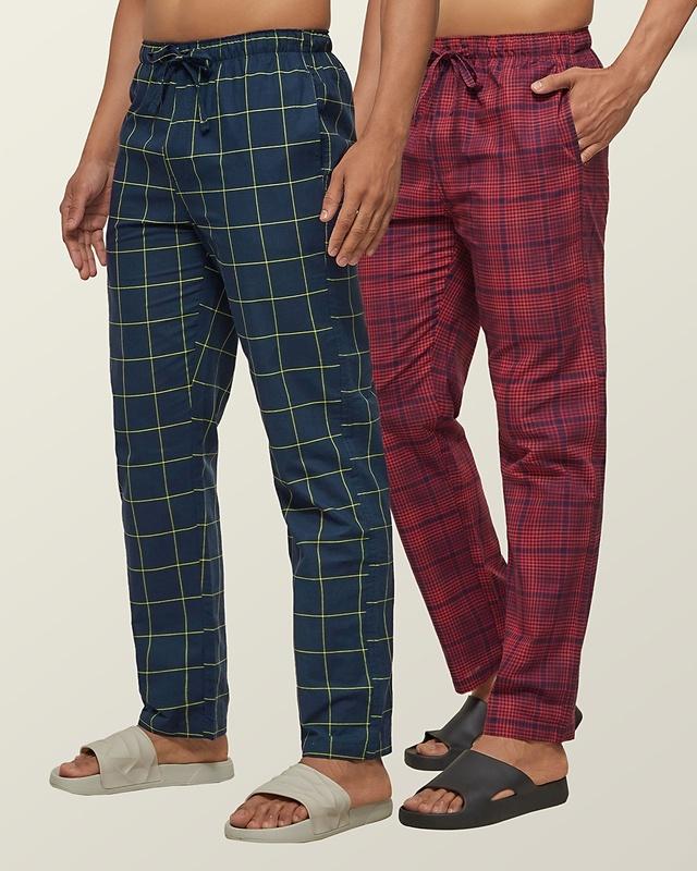 pack of 2 men's blue & maroon super combed checkered pyjamas