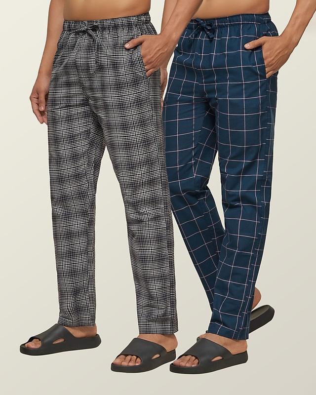 pack of 2 men's blue super combed cotton checkered pyjama