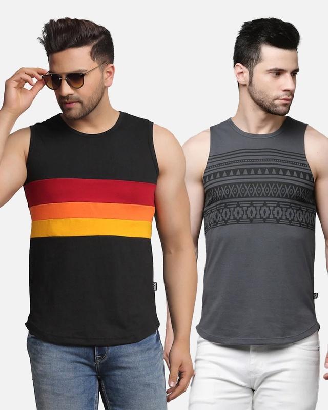 pack of 2 men's grey & black printed slim fit vest